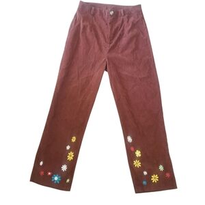 ROMWE Brown and Yellow Casual Corduroy Pants with Floral Embroidery
